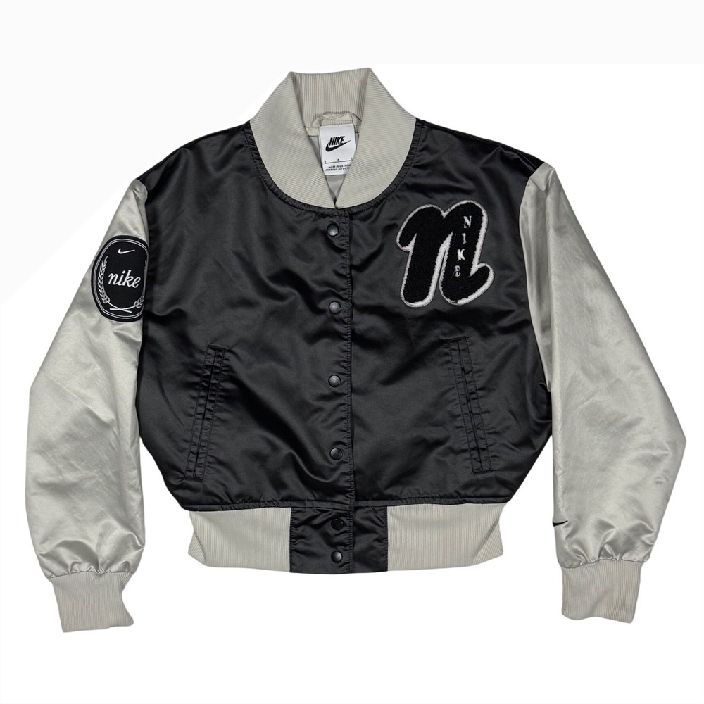 Nike Sportswear Girls Nike Satin Varsity Bomber Jacket Black Chenille Logo Small